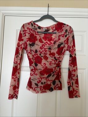 Red Floral Wrap-Style Long Sleeve Top